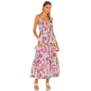 Banjanan Women's Serafina Dress XS Pink Floral Poplin Maxi Tiered Cotton Pockets